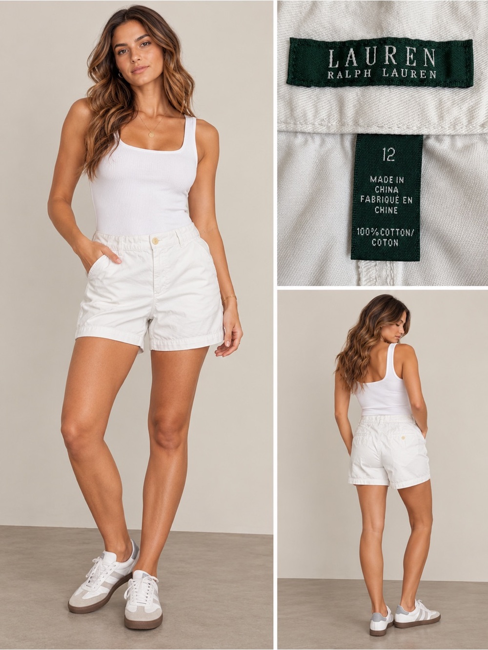 Lauren Ralph Lauren White Chino Shorts Size 12 100% Cotton Flat Front Casual